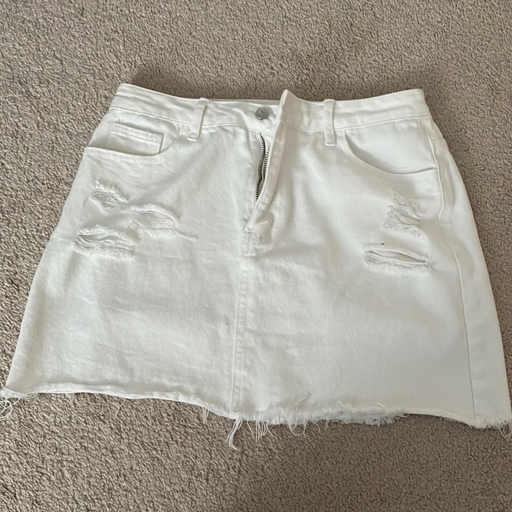 white denim ripped mini jean skirt
